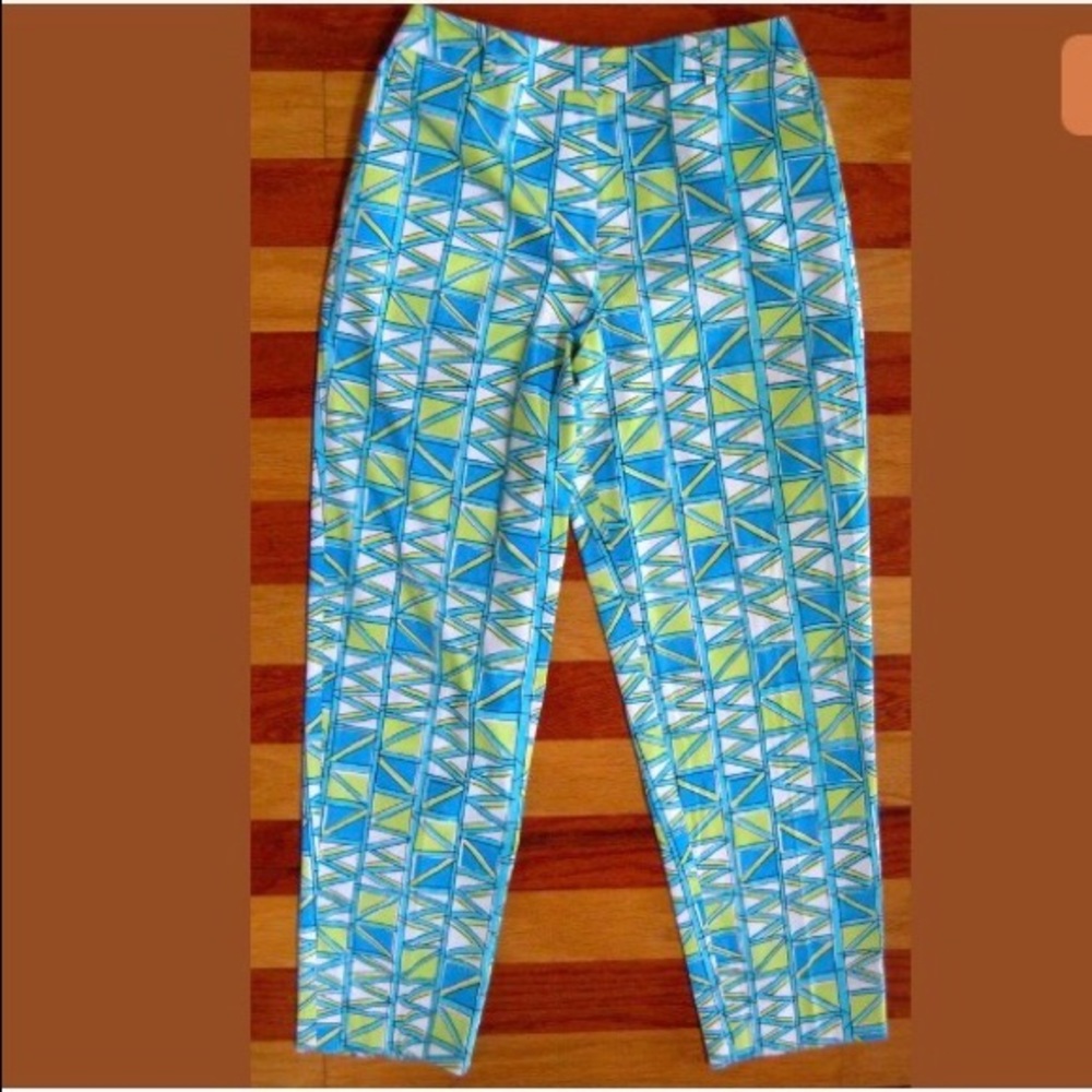 TALBOTS LADIES PANTS TROUSERS STRETCH COTTON BLUE GREEN GEOMETRIC PATTERN SIZE 6